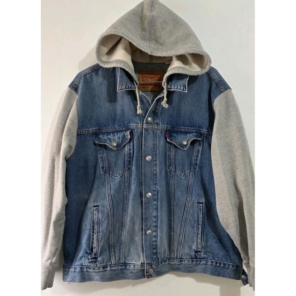 Levis JEAN Jacket Mens Hoodie Snap Hooded Denim Trucker Sweatshirt XXL - Picture 1 of 8